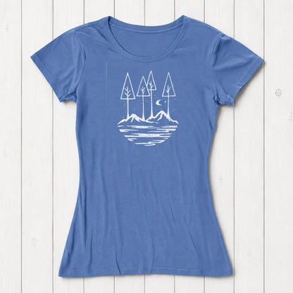 Blue bamboo and organic cotton women's t-shirt featuring a scenic forest and mountain print. Soft, breathable eco-conscious apparel for adventurers.