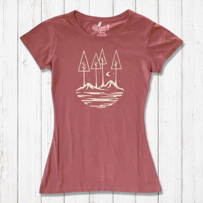 Rust red women's nature lover t-shirt made from bamboo and organic cotton. Features serene mountain and tree graphic for outdoor enthusiasts.