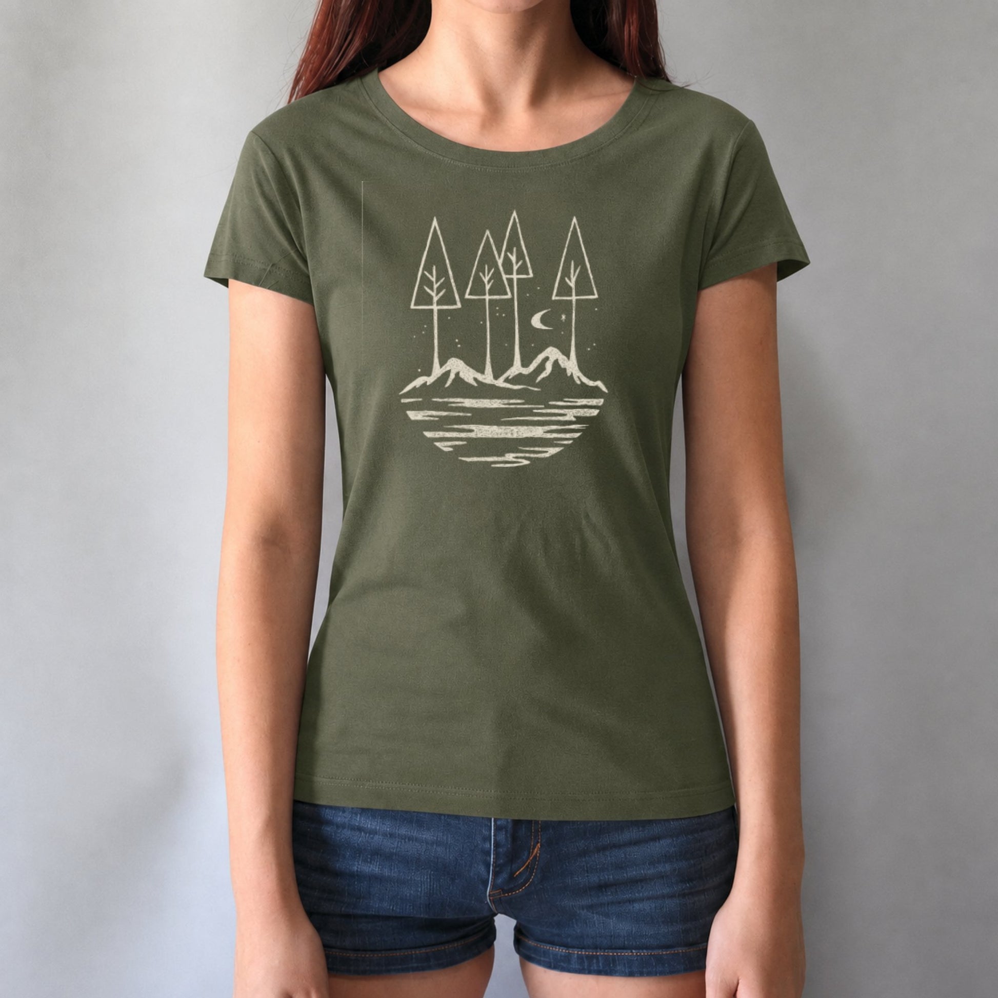 Olive green women's nature-themed t-shirt with mountain and tree print. Made from soft bamboo and organic cotton for eco-conscious wearers.