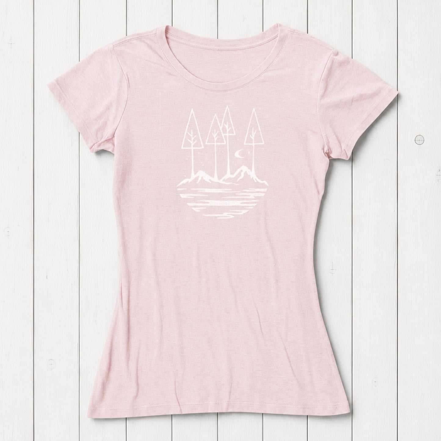 Pink women's sustainable t-shirt with outdoor-themed graphic. Made from bamboo and organic cotton, ideal for hikers and nature lovers.
