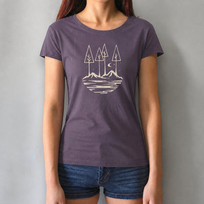 Purple women's bamboo and organic cotton tee with scenic mountain and tree design. Positive vibe graphic for eco-conscious adventurers.