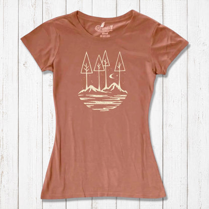 Terracotta women's graphic tee with minimalist outdoor scene. Eco-friendly bamboo and organic cotton blend for nature-loving women.