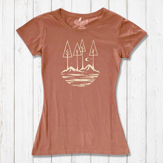 Terracotta women's graphic tee with minimalist outdoor scene. Eco-friendly bamboo and organic cotton blend for nature-loving women.