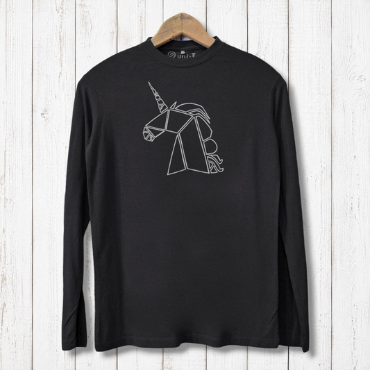 Unicorn Long Sleeve Tee - Men's in black, made from bamboo and organic cotton with a minimalist unicorn graphic. Eco-friendly and stylish design.
