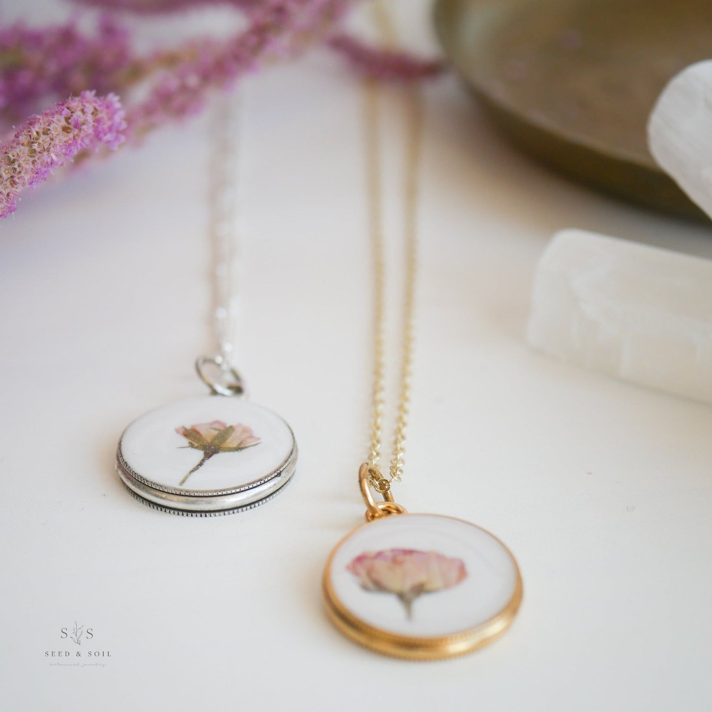 Elegant Valentine Round Rose Necklace in gold and silver tones, featuring preserved rose pendants on hypoallergenic chains for women.