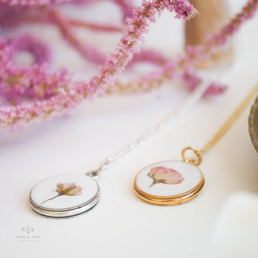 Valentine Round Rose Necklace - Timeless Charm in gold and silver with real dried rose pendants, perfect for romantic gifting or vintage style.