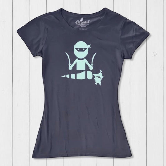 Women's navy blue bamboo and organic cotton T-shirt featuring a mint green 'Veggie Ninja' graphic, a fun vegan-themed gift idea.