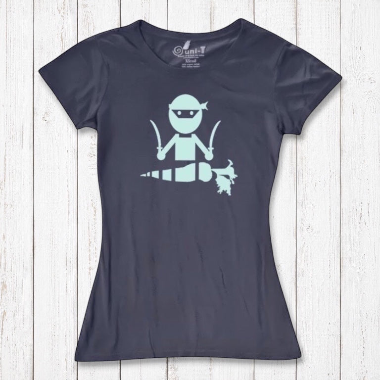 Women's navy blue bamboo and organic cotton T-shirt featuring a mint green 'Veggie Ninja' graphic, a fun vegan-themed gift idea.