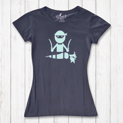 Women's navy blue bamboo and organic cotton T-shirt featuring a mint green 'Veggie Ninja' graphic, a fun vegan-themed gift idea.