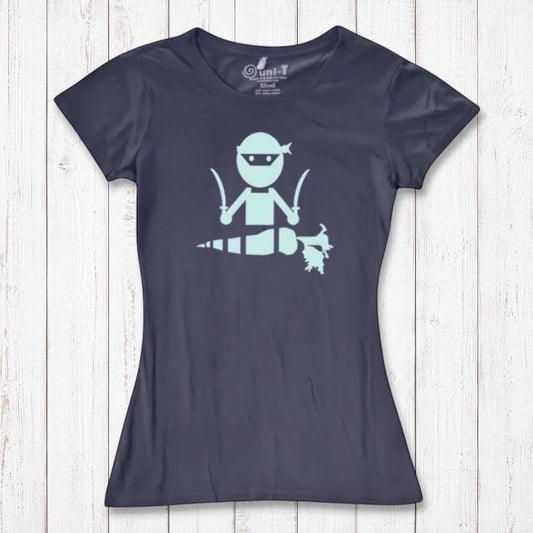 Women's navy blue bamboo and organic cotton T-shirt featuring a mint green 'Veggie Ninja' graphic, a fun vegan-themed gift idea.