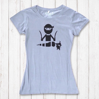 Light gray women's vegan T-shirt with black 'Veggie Ninja' graphic, made from sustainable bamboo and organic cotton blend.