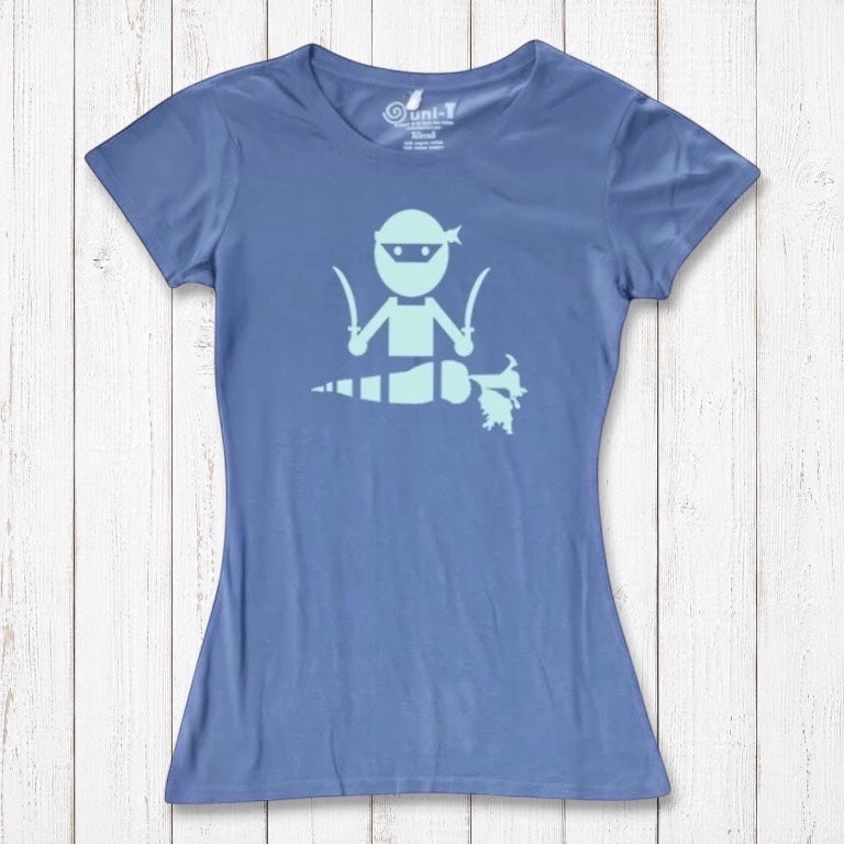 Blue women's graphic tee with mint green 'Veggie Ninja' print, crafted from eco-friendly bamboo and organic cotton fabric.