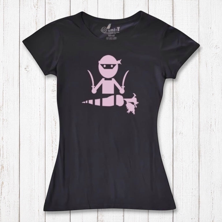 Black women's vegan T-shirt with pink 'Veggie Ninja' design, made from soft bamboo and organic cotton for plant-based lifestyle lovers.