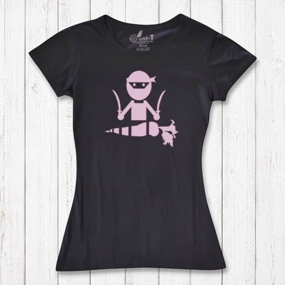 Black women's vegan T-shirt with pink 'Veggie Ninja' design, made from soft bamboo and organic cotton for plant-based lifestyle lovers.