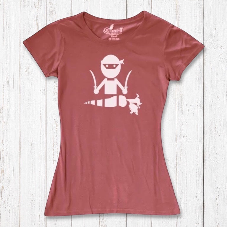 Rust-colored women's bamboo and organic cotton T-shirt with white 'Veggie Ninja' graphic, a humorous gift for vegetarians.