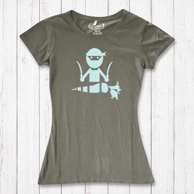 Olive green women's vegan T-shirt with mint 'Veggie Ninja' graphic, made from bamboo and organic cotton for eco-conscious shoppers.
