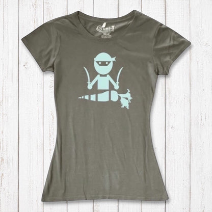 Olive green women's vegan T-shirt with mint 'Veggie Ninja' graphic, made from bamboo and organic cotton for eco-conscious shoppers.