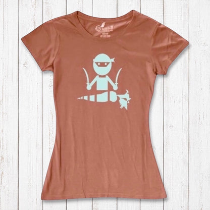 Terracotta women's bamboo and organic cotton T-shirt with mint 'Veggie Ninja' print, a fun and sustainable gift for vegans.