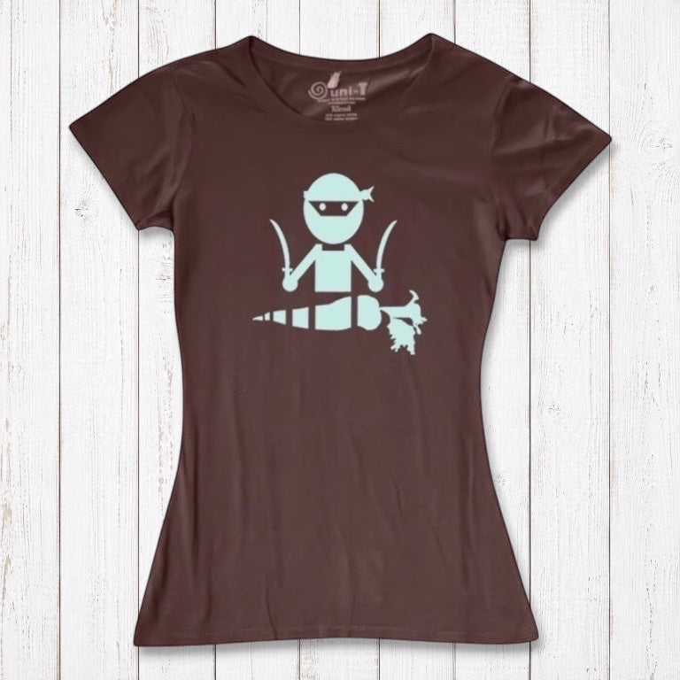 Brown women's vegan T-shirt with mint 'Veggie Ninja' graphic, crafted from eco-friendly bamboo and organic cotton blend.