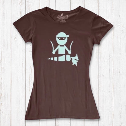 Brown women's vegan T-shirt with mint 'Veggie Ninja' graphic, crafted from eco-friendly bamboo and organic cotton blend.