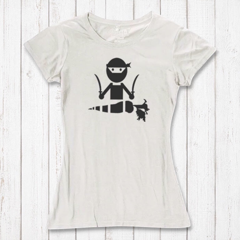 White women's bamboo and organic cotton T-shirt with black 'Veggie Ninja' print, a stylish and humorous vegan apparel choice.