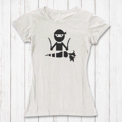 White women's bamboo and organic cotton T-shirt with black 'Veggie Ninja' print, a stylish and humorous vegan apparel choice.