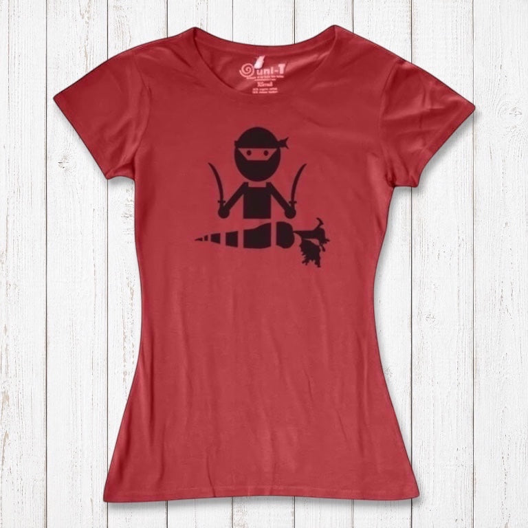 Red women's vegan T-shirt with black 'Veggie Ninja' graphic, made from sustainable bamboo and organic cotton, perfect for plant-based enthusiasts.