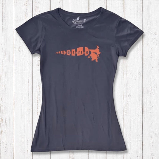 Women's Vegetarian T-Shirt in navy bamboo cotton blend with orange 'Plant Power' carrot graphic. Eco-friendly tee for plant-based lifestyle lovers.