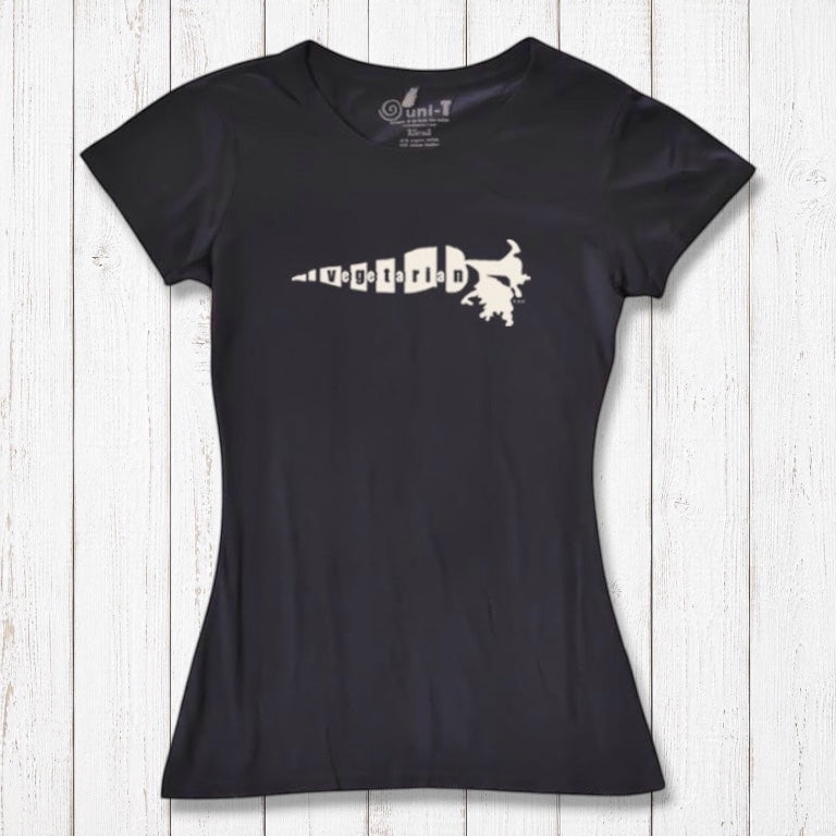 Black women's bamboo organic cotton T-shirt with white 'Plant Power' carrot graphic. Ideal for eco-conscious vegetarians and vegans.