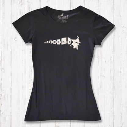 Black women's bamboo organic cotton T-shirt with white 'Plant Power' carrot graphic. Ideal for eco-conscious vegetarians and vegans.