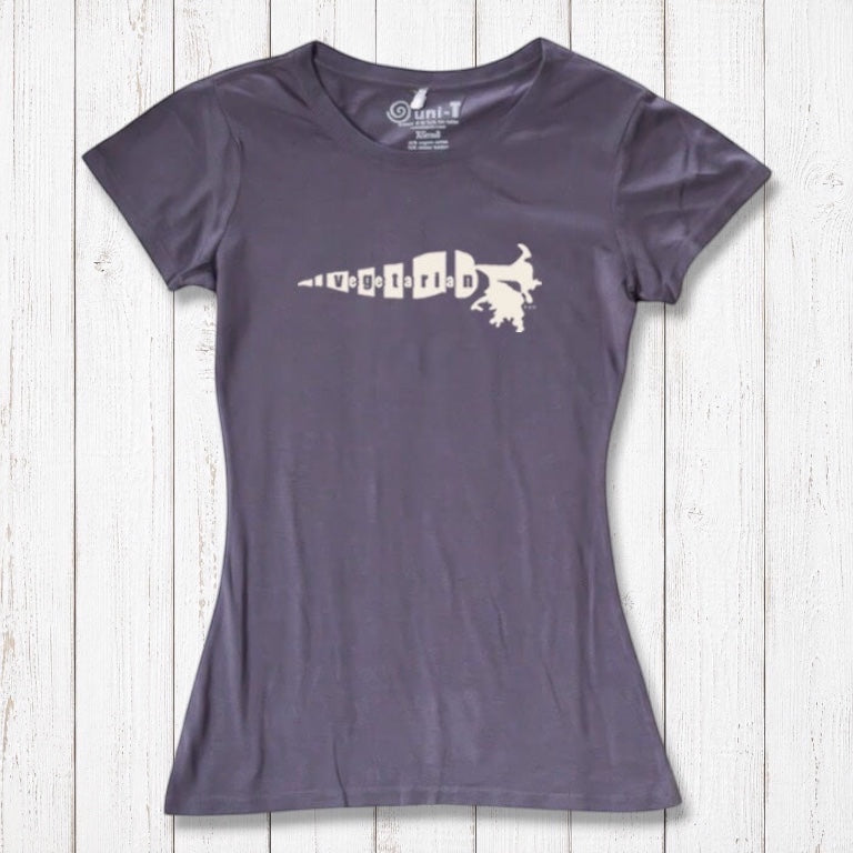 Gray bamboo cotton women's vegetarian tee with white 'Plant Power' carrot design. Soft, sustainable fashion for plant-based enthusiasts.