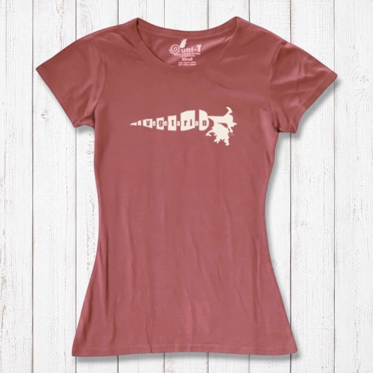 Dusty rose women's bamboo cotton T-shirt featuring white 'Plant Power' carrot graphic. Comfortable and eco-friendly gift for her.
