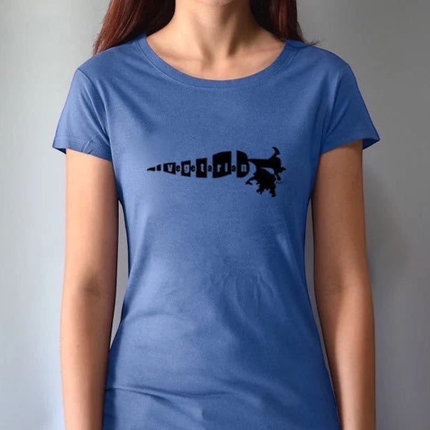 Blue bamboo cotton women's vegetarian T-shirt with bold black 'Plant Power' carrot design. Fun and sustainable apparel for plant lovers.
