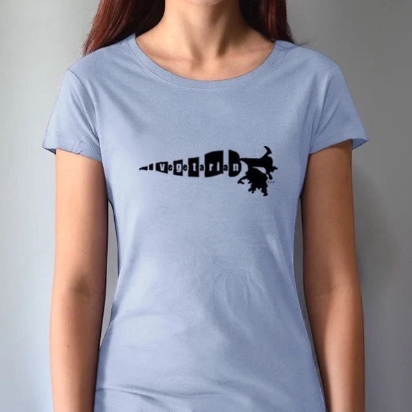 Light blue women's bamboo cotton tee with black 'Plant Power' carrot graphic. A soft, eco-conscious gift for healthy lifestyle fans.