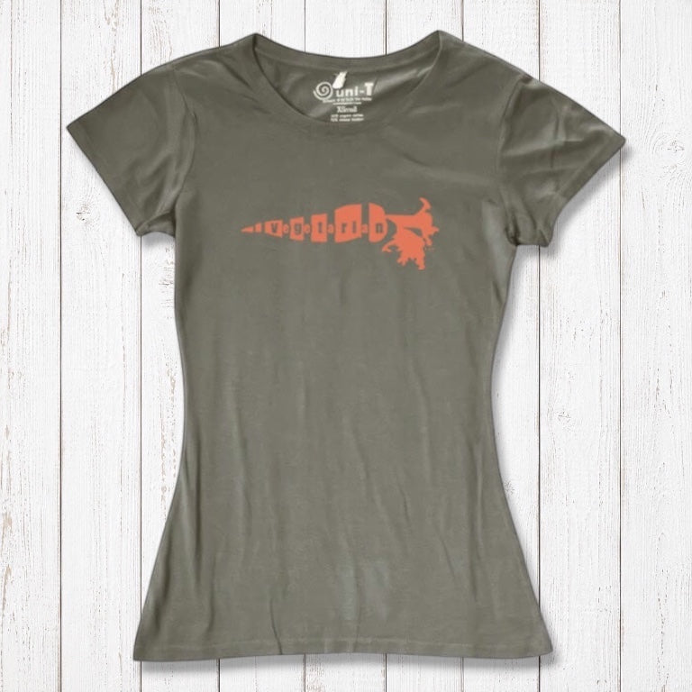 Olive green women's bamboo cotton vegetarian tee with orange 'Plant Power' carrot design. Earthy, eco-friendly fashion for her.
