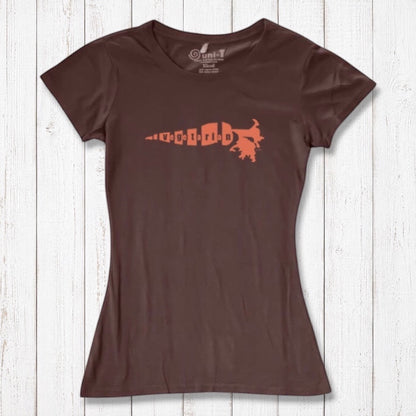 Brown bamboo cotton women's T-shirt with orange 'Plant Power' carrot graphic. A cozy and sustainable top for plant-based lifestyle lovers.