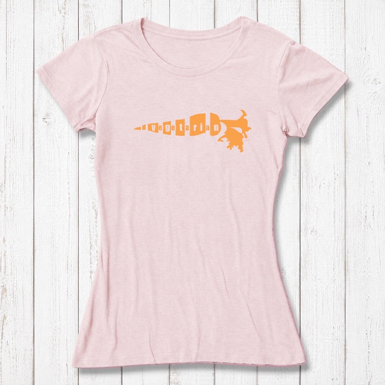 Pink bamboo cotton women's vegetarian T-shirt with dark brown 'Plant Power' carrot design. Soft, stylish gift for eco-conscious women.