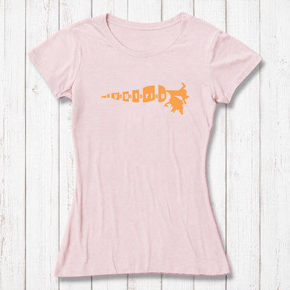 Pink bamboo cotton women's vegetarian T-shirt with dark brown 'Plant Power' carrot design. Soft, stylish gift for eco-conscious women.