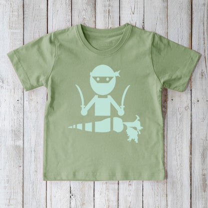 Kids' Veggie Ninja Organic Cotton T-Shirt in light green with a playful ninja and carrot graphic, sustainable and eco-friendly by Uni-T.
