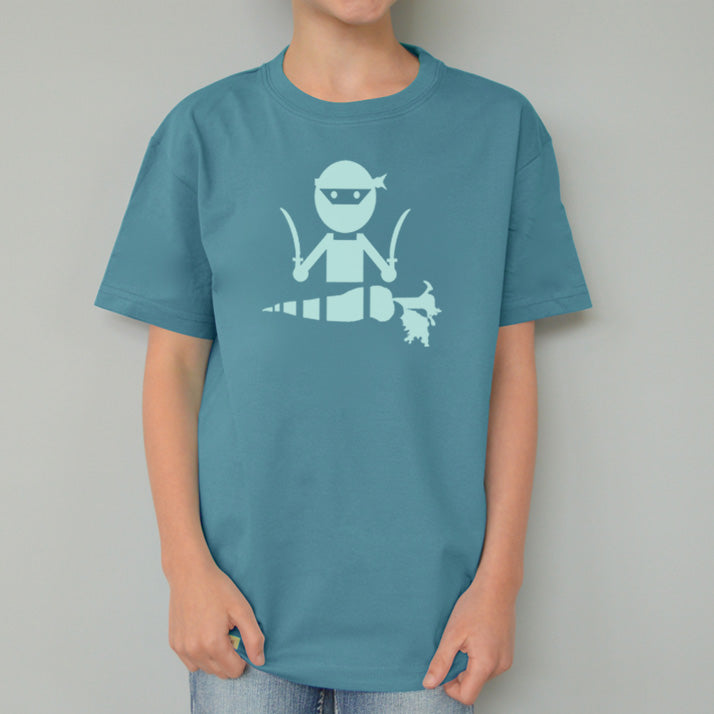 Funny Kids' Veggie Ninja Organic Cotton T-Shirt in teal blue, featuring a humorous ninja and carrot print, soft eco-friendly tee by Uni-T.