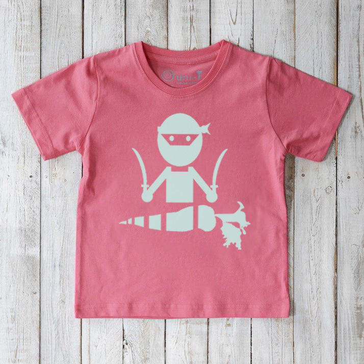Eco-friendly Kids' Veggie Ninja Organic Cotton T-Shirt in pink, with a whimsical ninja and carrot design, sustainable graphic tee by Uni-T.