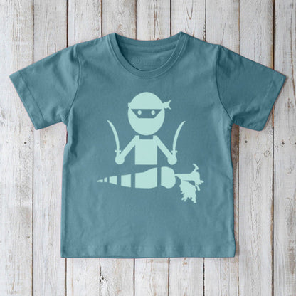 Sustainable Kids' Veggie Ninja Organic Cotton T-Shirt in aqua blue, featuring a fun ninja and carrot illustration, playful top by Uni-T.