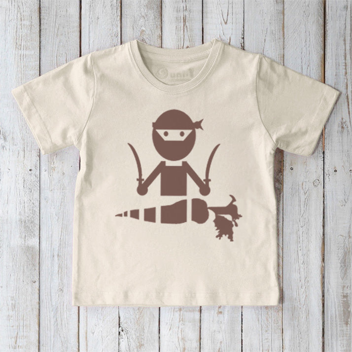 Cream Kids' Veggie Ninja Organic Cotton T-Shirt with a brown ninja and carrot print, soft and sustainable graphic tee by Uni-T.