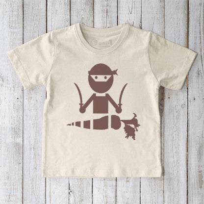 Cream Kids' Veggie Ninja Organic Cotton T-Shirt with a brown ninja and carrot print, soft and sustainable graphic tee by Uni-T.