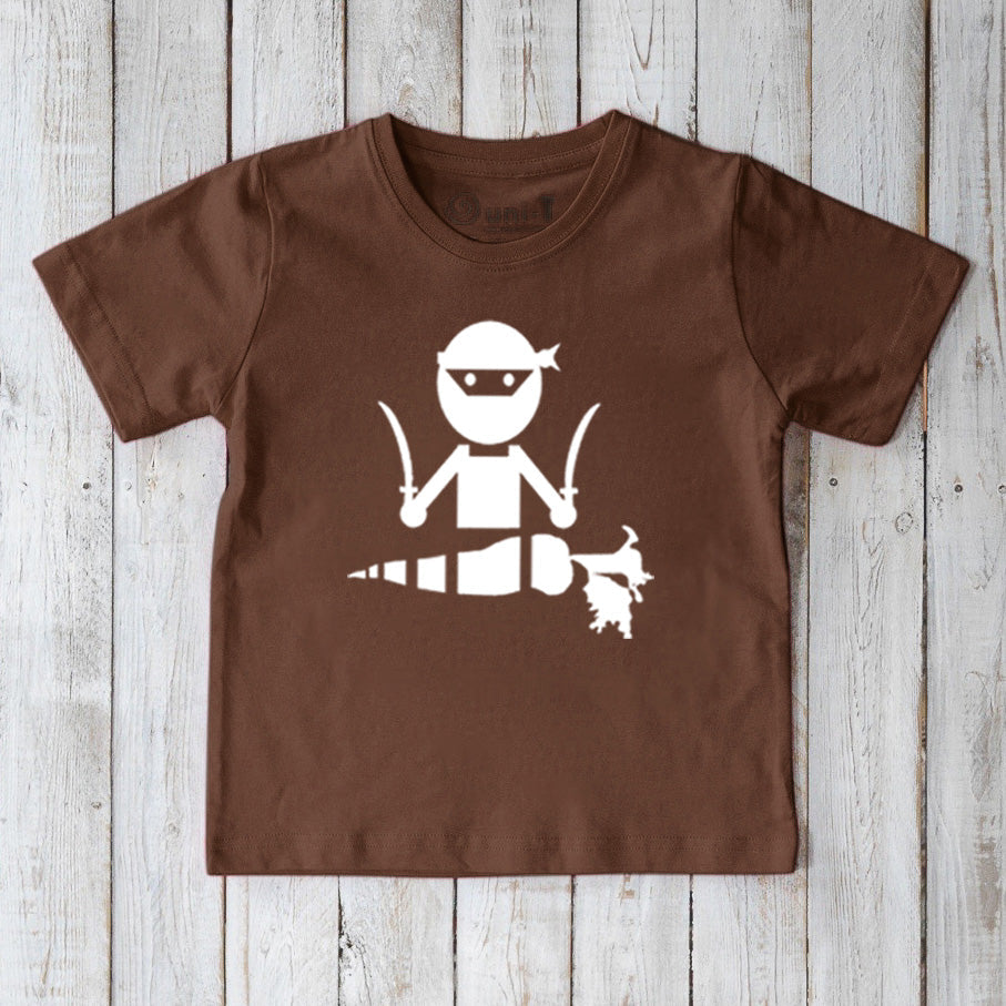 Brown Kids' Veggie Ninja Organic Cotton T-Shirt with a bold white ninja and carrot graphic, humorous and eco-conscious tee by Uni-T.