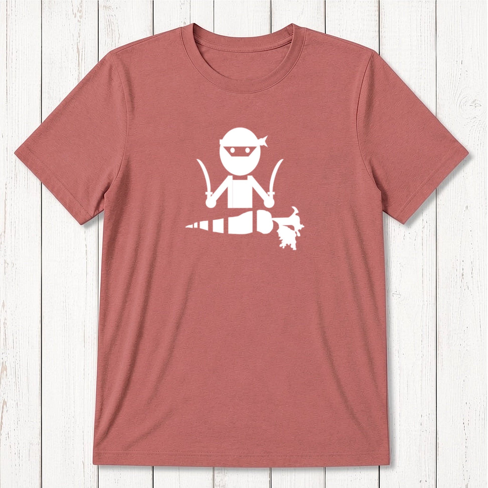 Classic fit red clay men's vegan T-shirt made from bamboo and organic cotton, featuring a white 'Veggie Ninja' plant-based graphic.