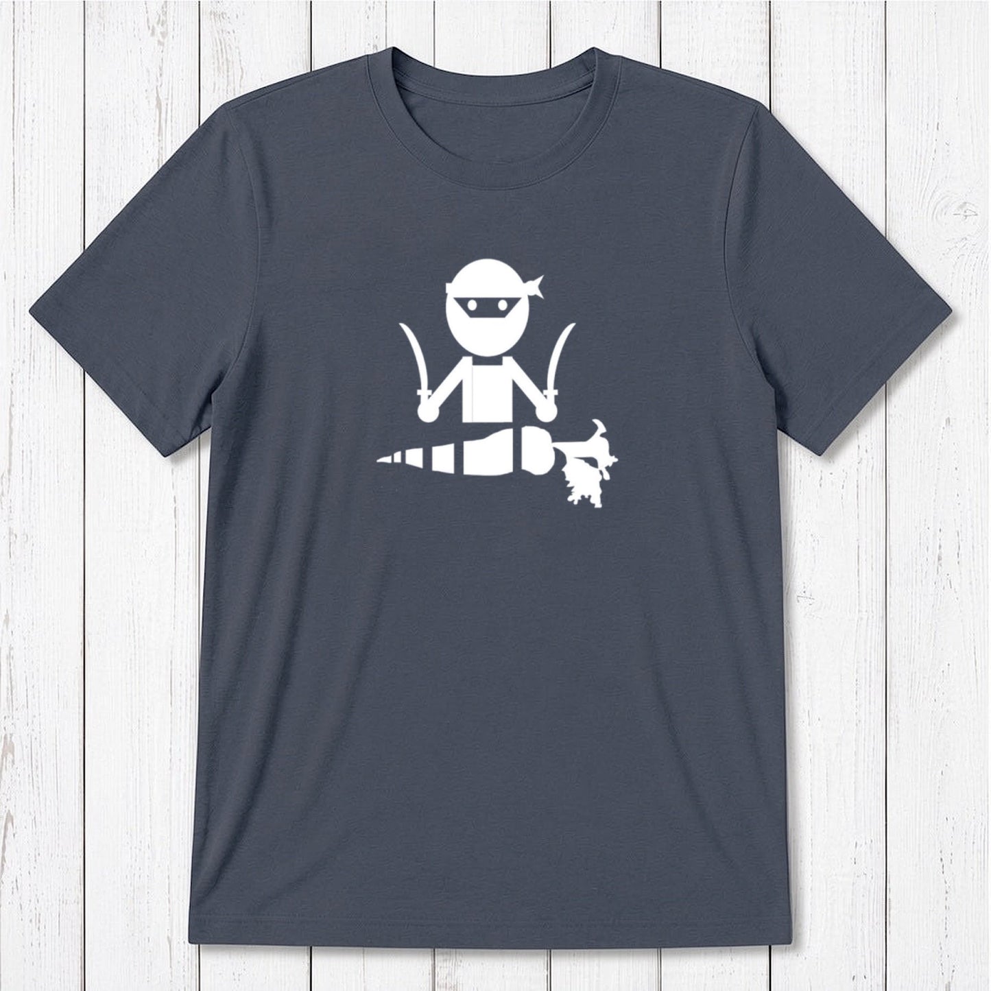 Slate blue men's vegan T-shirt in bamboo and organic cotton with bold white 'Veggie Ninja' graphic, ideal gift for vegetarians.