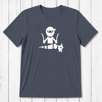Slate blue men's vegan T-shirt in bamboo and organic cotton with bold white 'Veggie Ninja' graphic, ideal gift for vegetarians.