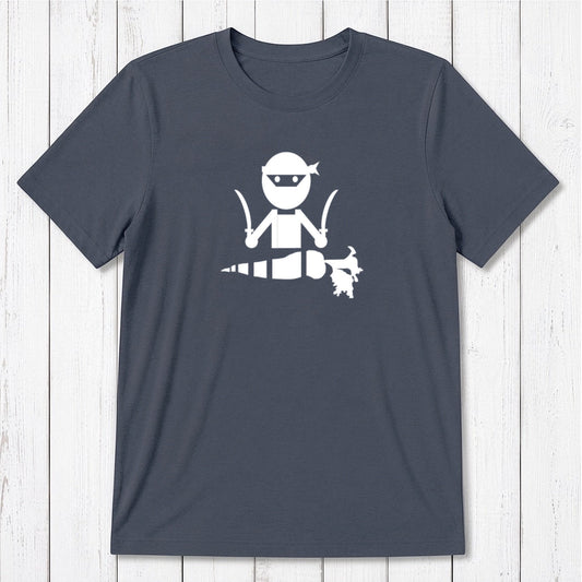 Slate blue men's vegan T-shirt in bamboo and organic cotton with bold white 'Veggie Ninja' graphic, ideal gift for vegetarians.