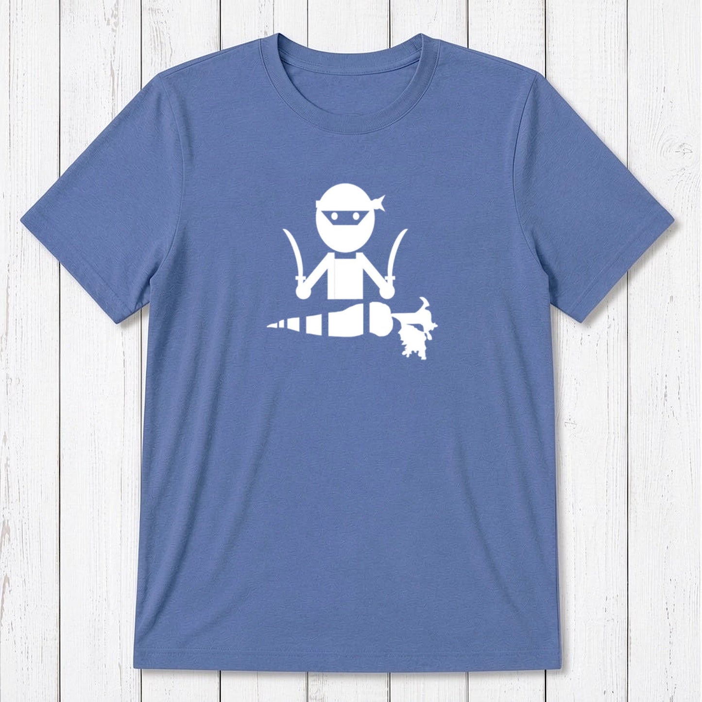 Ocean blue men's bamboo and organic cotton vegan T-shirt with white 'Veggie Ninja' print, perfect for plant-based humor lovers.